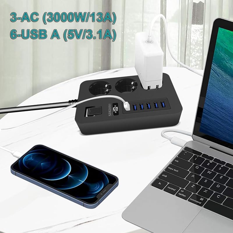 Multiprise 3 Prises Multiple (13A/3000W) avec Interrupteur Individuelles, 6 Ports de Charge USB (3.1A/5V),1.8m Adaptateur Secteur Les Câbles, Applicable à Bureaux Et Voyage en Maison (Noir)