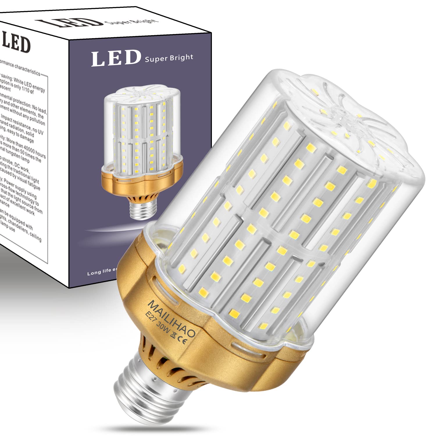 MAILIHAO LED Bulb E27 30W,6000K Cool White 3500LM (Equivalent to 250W Halogen Lamp) High Brightness and Energy Saving Non Dimmable, 1 Pieces