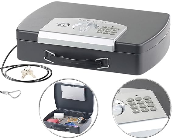 Xcase Geldkassette: Geld- & Dokumentenkassette, Stahl, Elektronik-Schloss, A4, Stahlkabel (Autosafe)