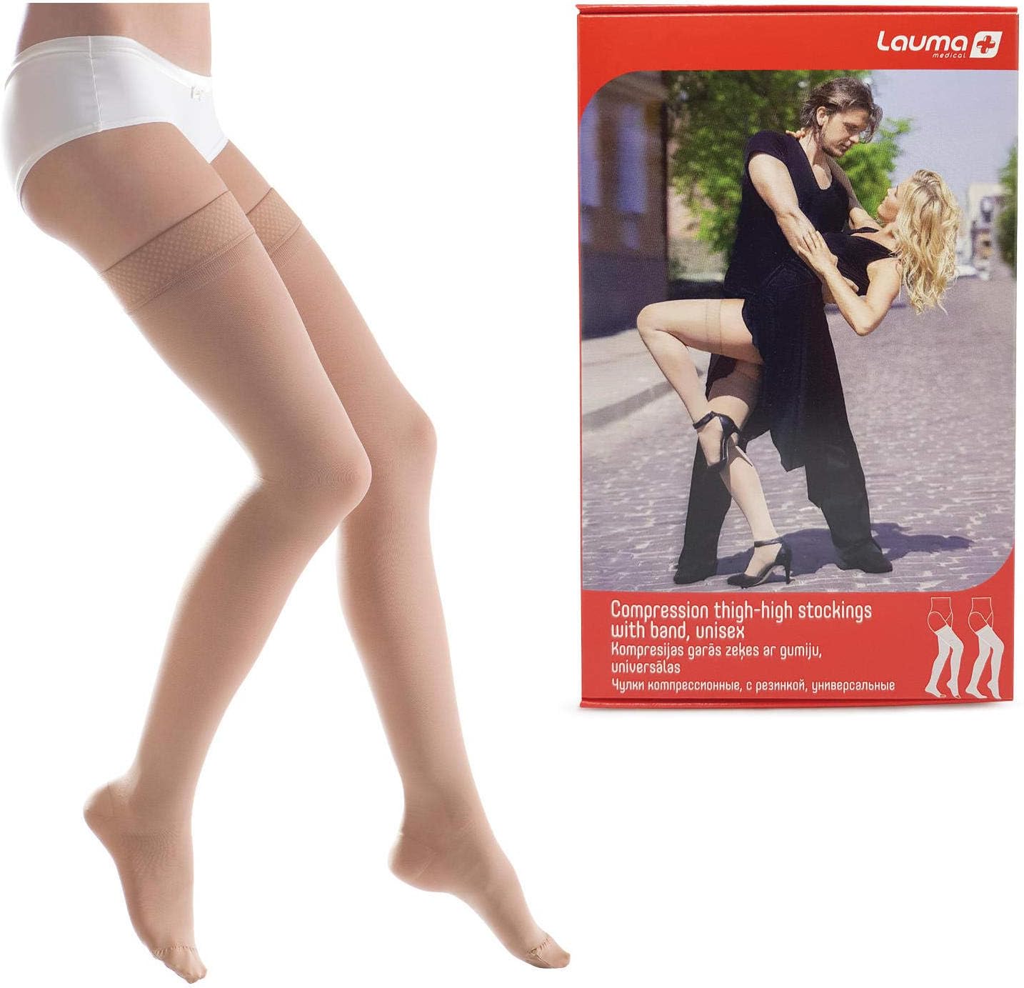 Lauma Medical, 23-32 mmHg Compression Stockings with Silicone Border for Women & Men, Class 2 Closed Toe Thigh High Sock. Varicose Veins, Often Swelling in Legs, Pain in Calves and Feet.