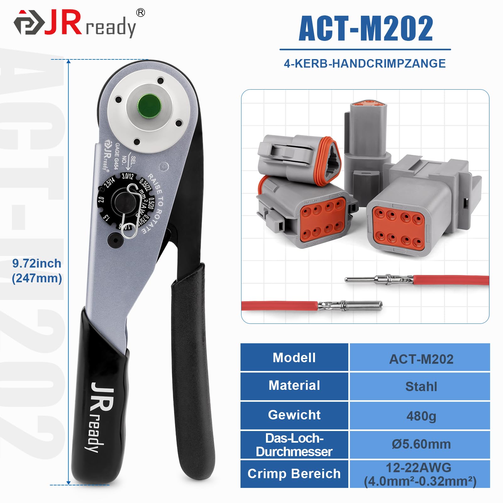 JRready DT Stecker Kit 604 PCS mit Crimpzange ACT-M202 (12-22AWG) Deutsch Stecker 2,3,4,6,8,12 polig IP68 Waterproof Größe 16 Terminal Kit 16-20 AWG Deutsch Removal Tool Repair Accessory 3