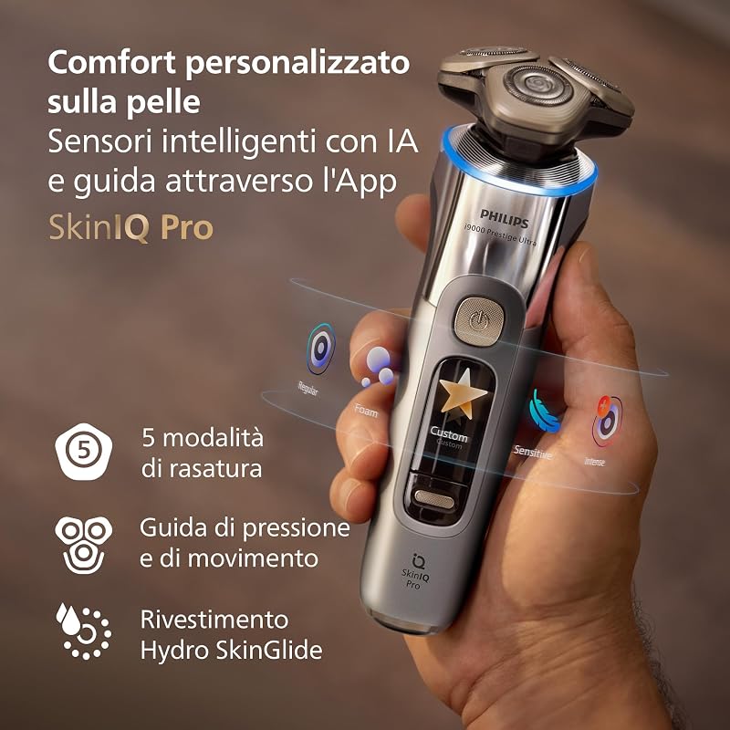 Shaver i9000 Prestige Ultra, rasoio elettrico Wet & Dry, tecnologia Skin IQ Pro, triplo sistema Lift & Cut, lame di precisione NanoTech 360º, 5 modalità di rasatura, modello XP9404/38