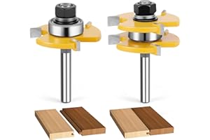 Junreox 2PCS Tongue and Groove Router Bit Set, 3rd Gen. 1/4 Shank Router Bits for 3/4" Stock, 1/2" Cutting Depth, Adjustable 3 Teeth Shaker Cabinet Door Router Bits for Woodworking, Milling, Cutting