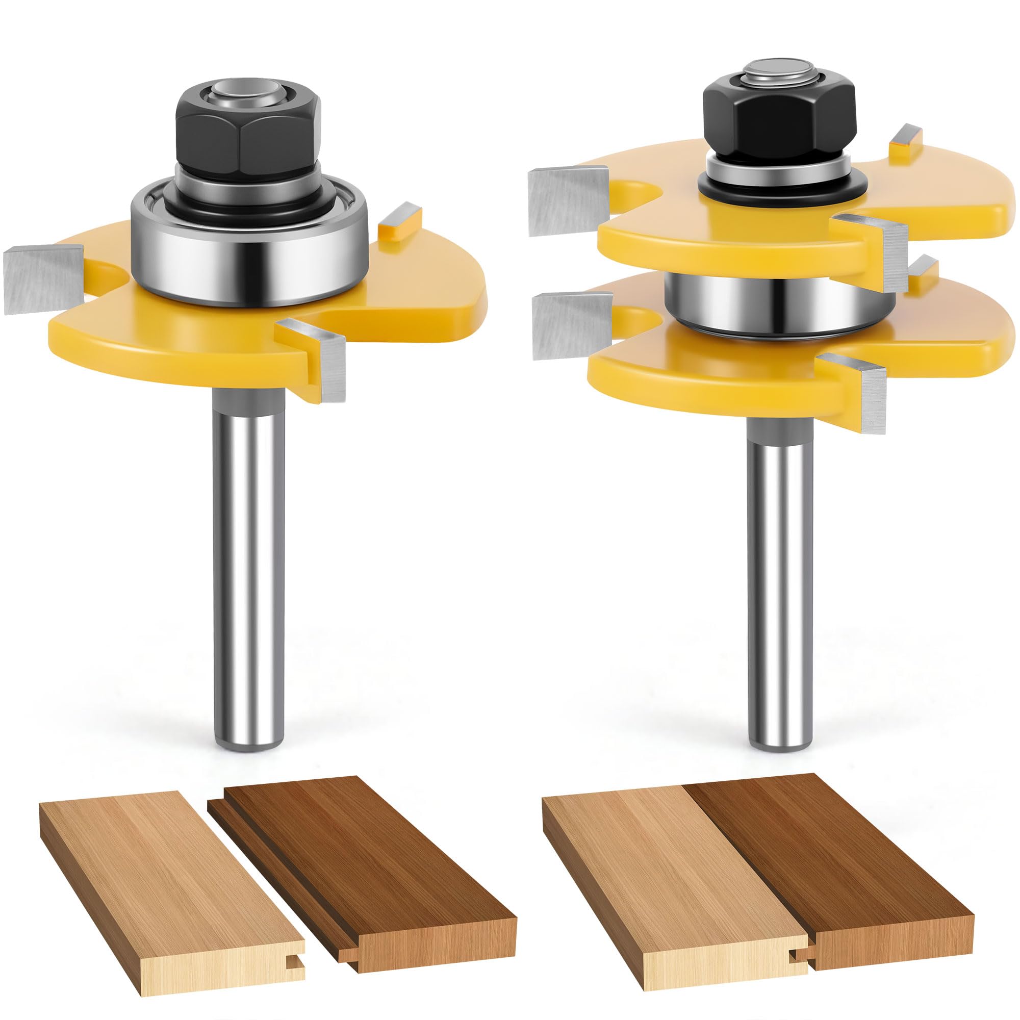 Photo 1 of Junreox 2PCS Tongue and Groove Router Bit Set, 3rd Gen. 1/4 Shank Router Bits for 3/4" Stock, 1/2" Cutting Depth, Adjustable 3 Teeth Shaker Cabinet Door Router Bits for Woodworking, Milling, Cutting