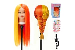 FERNLANDIA Mannequin Head with Hair, 26" Doll Head Hair Styling for Kids Braiding, Cutting & Playing Practice, Training Manikin for Girls or Student, with Clamp Stand & Clips, 70% Real Human (Orange & Yellow)