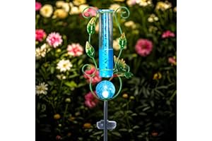WONDER GARDEN Solar Rain Gauge Outdoor, Hummingbird Decorative Rain Gauges Outdoors Best Rated with Blue Crackled Glass Ball, Freeze Proof Water Rain Measure Gauge for Yard Patio Lawn Decor