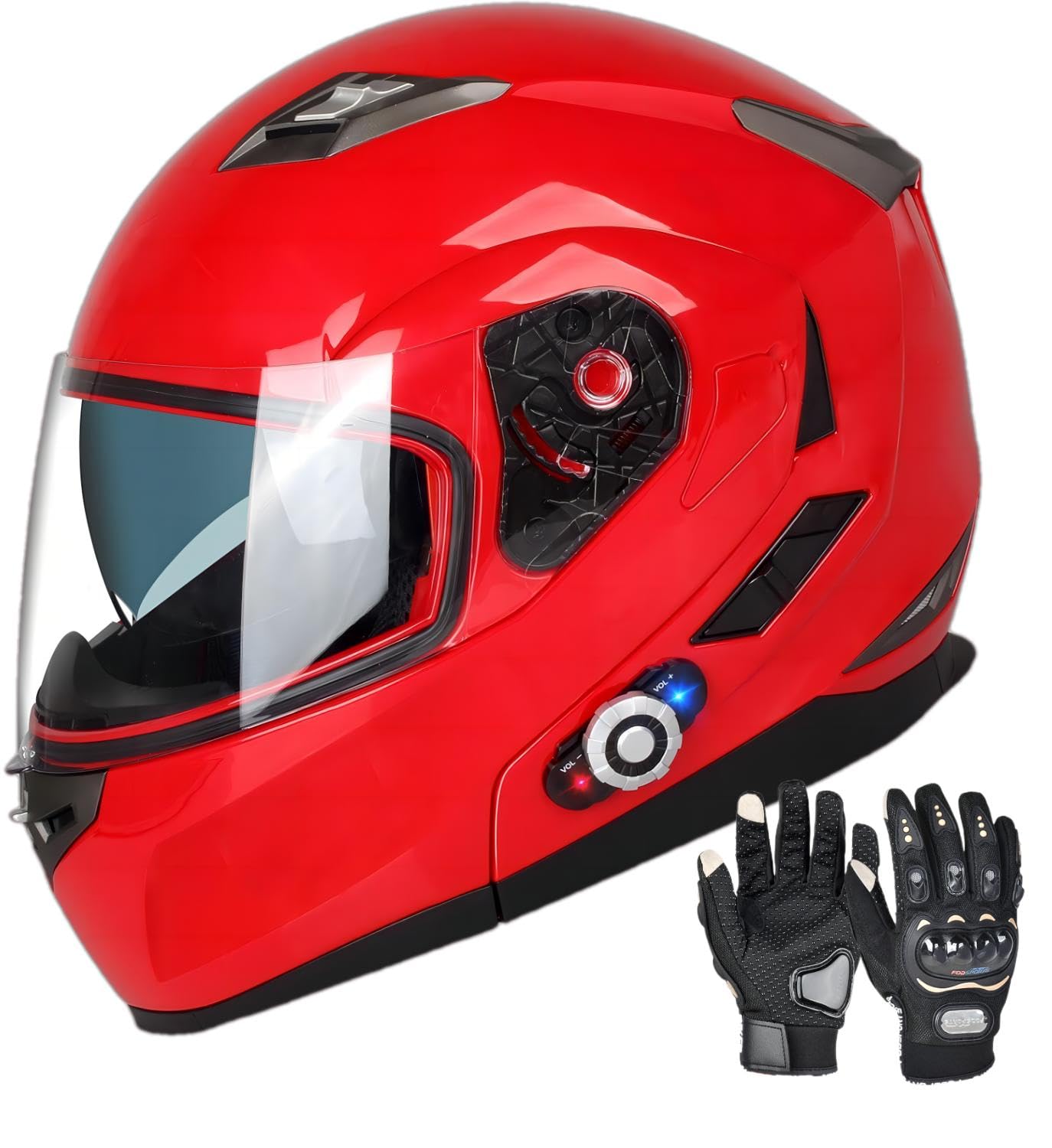 FreedConn BM2-S Bluetooth Motorcycle Helmet, Flip-Up Modular Motorbike Helmet, 500M Connectivity for 2-3 Riders, Voice Dial, Hands-Free Call, MP3, FM, DOT Certified ( Medium, Red)