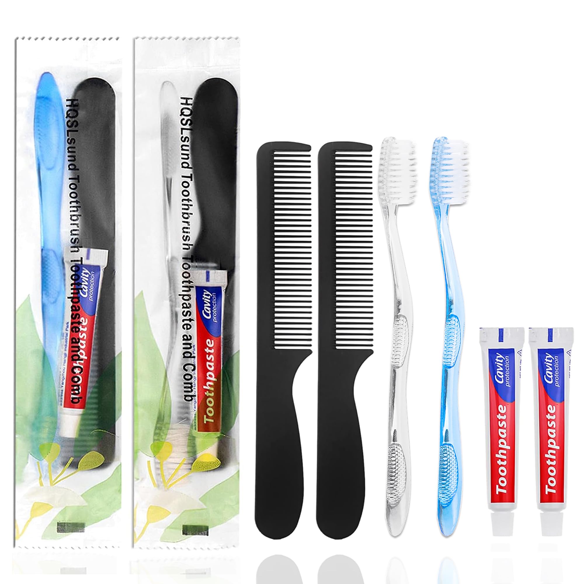 HQSLsund 50 pcs Disposable Toothbrushes with Toothpaste and Comb for Homeless Individually Wrapped,10g Travel Toothpaste,7inch Black Hair Comb for Hotel,AirBnb,Shelter,Charity