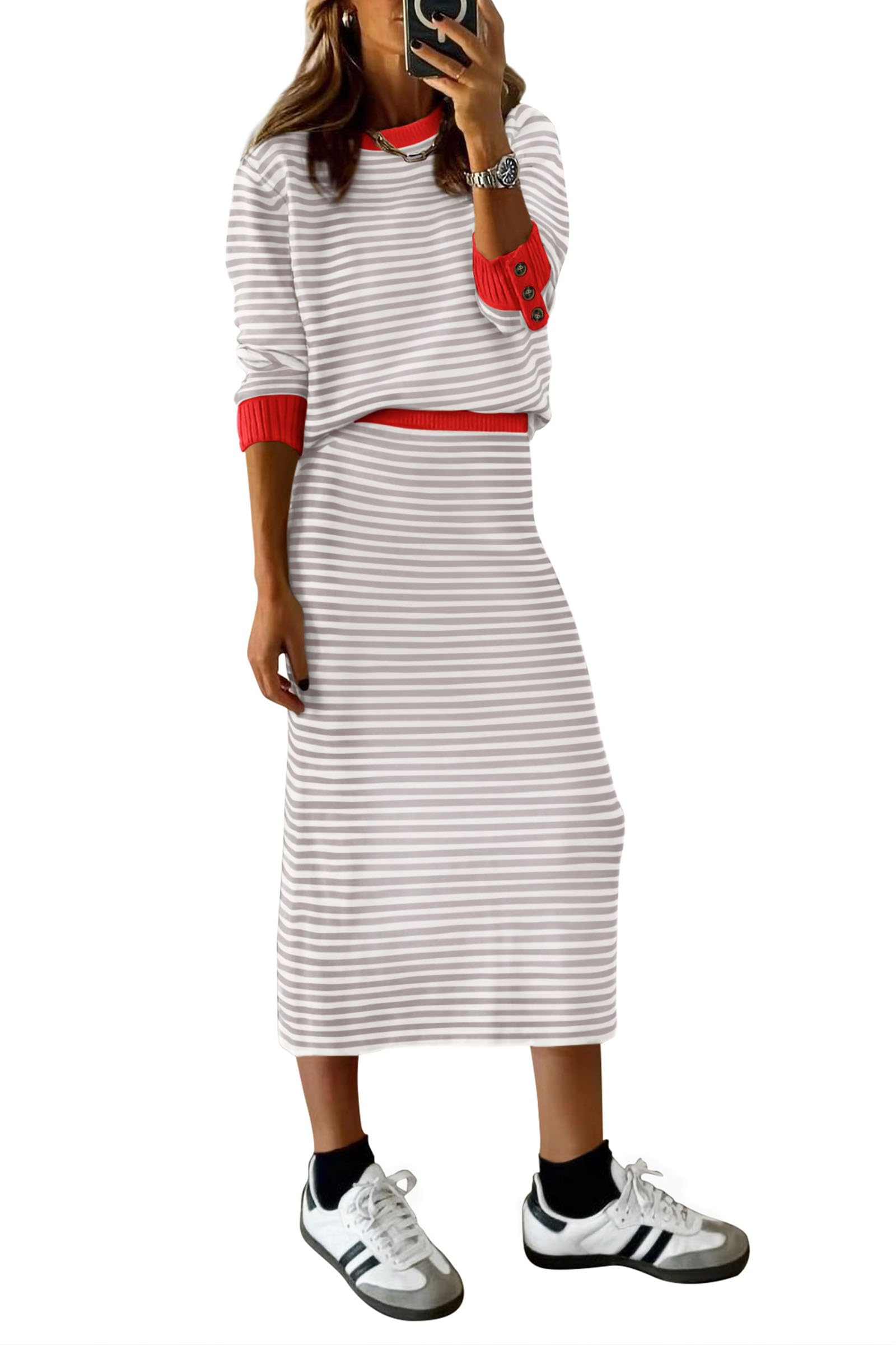 PRETTYGARDEN 2 Piece Skirts Sets for Women Fall Fashion 2026 Striped Sweater Dress Knit Lounge Travel Outfits Winter Clothing (Light Grey Stripe,XX-Large) Image