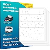 100 Pcs Water Bottle Labels 8.2x2 inch Printable Glossy White Waterproof Vinyl Sticker Labels for Inkjet or Laser Printer