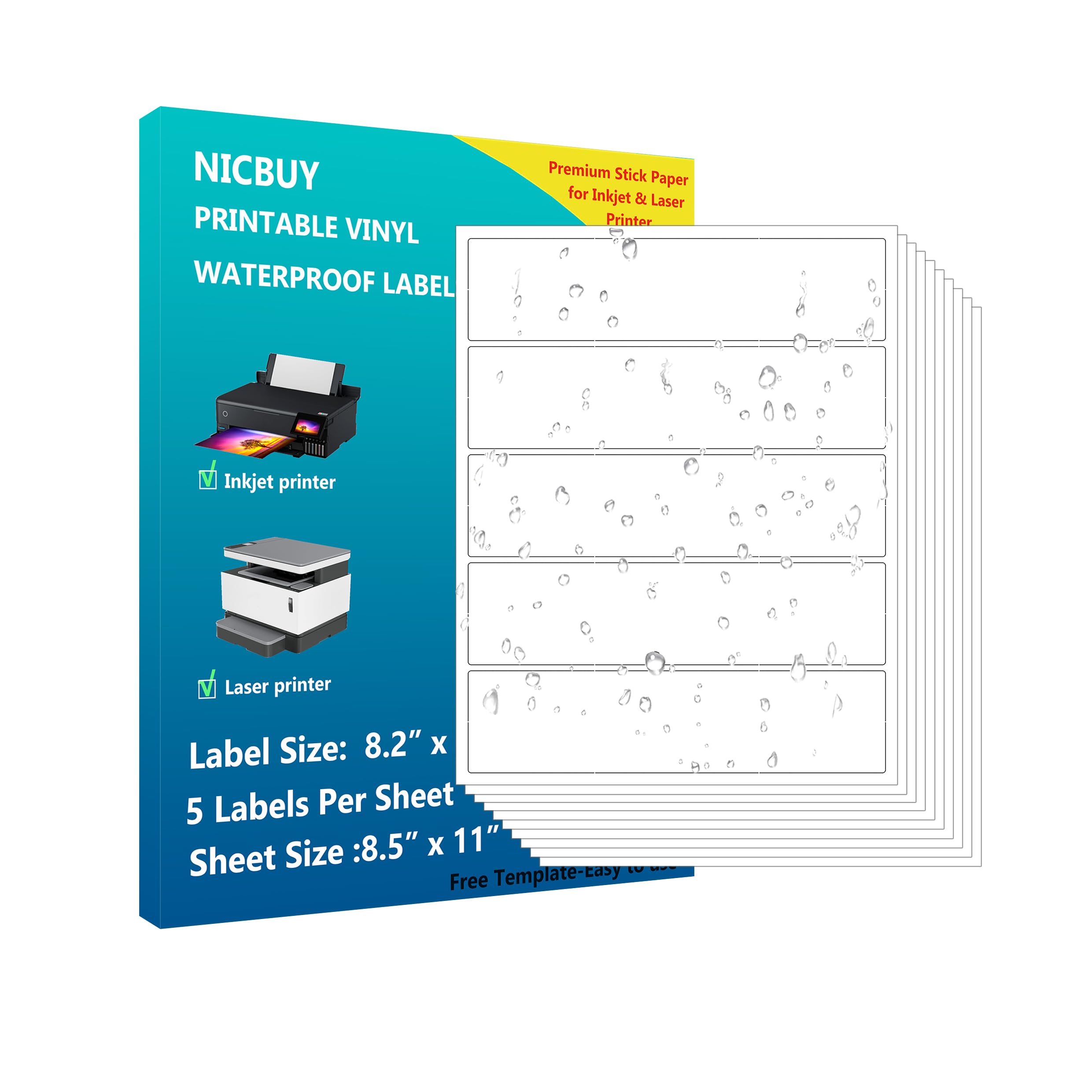 Photo 1 of 100 Pcs Water Bottle Labels 8.2x2 inch Printable Glossy White Waterproof Vinyl Sticker Labels for Inkjet or Laser Printer