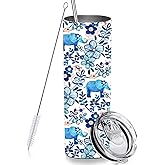 RNFENQS Elephant Floral Skinny Tumbler Cup with Straw Lid, 20 OZ Stainless Steel Insulated Vacuum Blue Slim Travel Coffee Mug for Elephant Lover