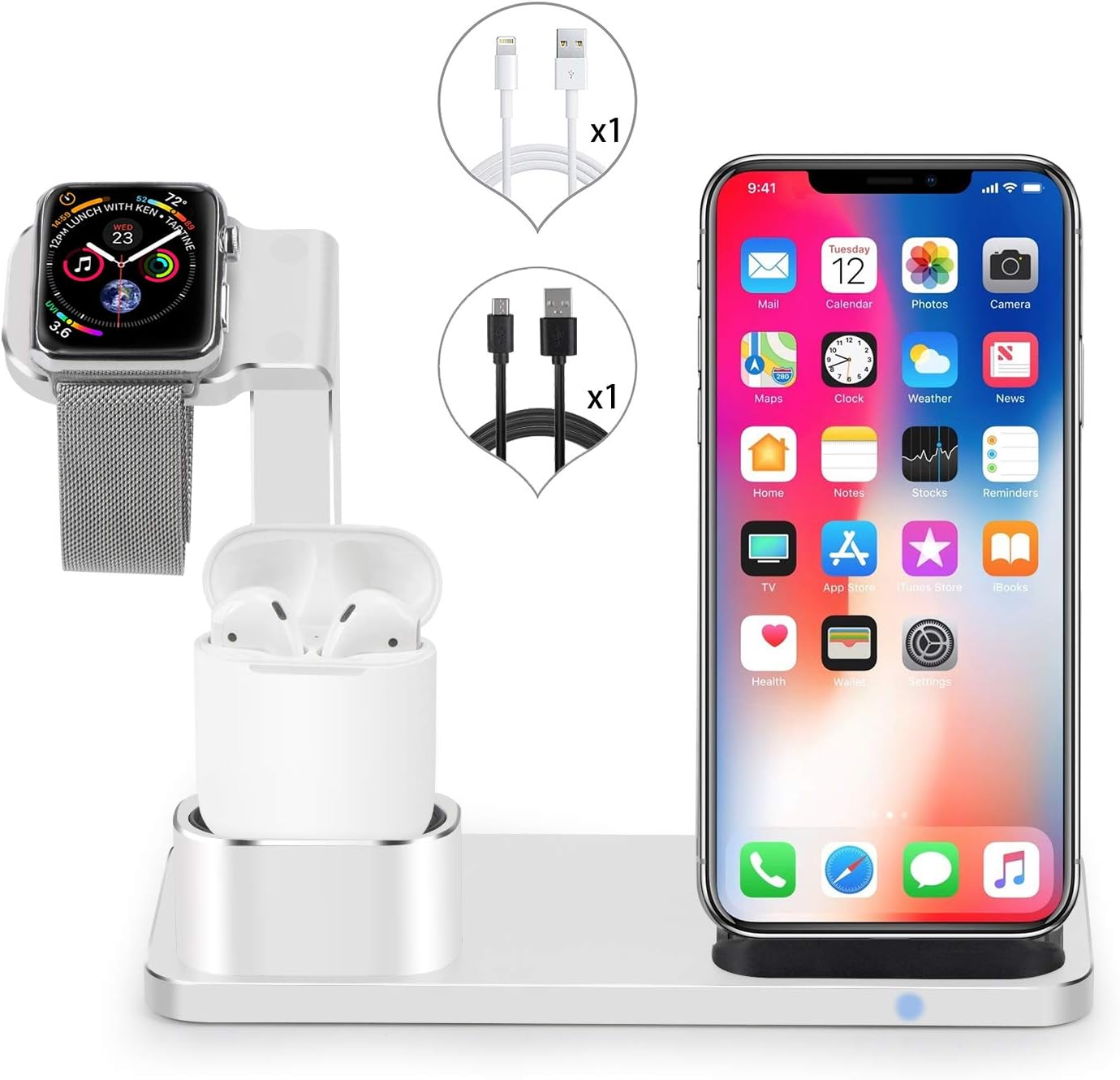Kuvcco Wireless Charger Watch Stand, 3 in 1 15w Wireless Charger Charging Stand Docks Station for iWatch Series 6/54/3/ iPhone 12/11Xr/Xs/X/Xs MAX /8/8+/Charger AirPods with Case (Silver)