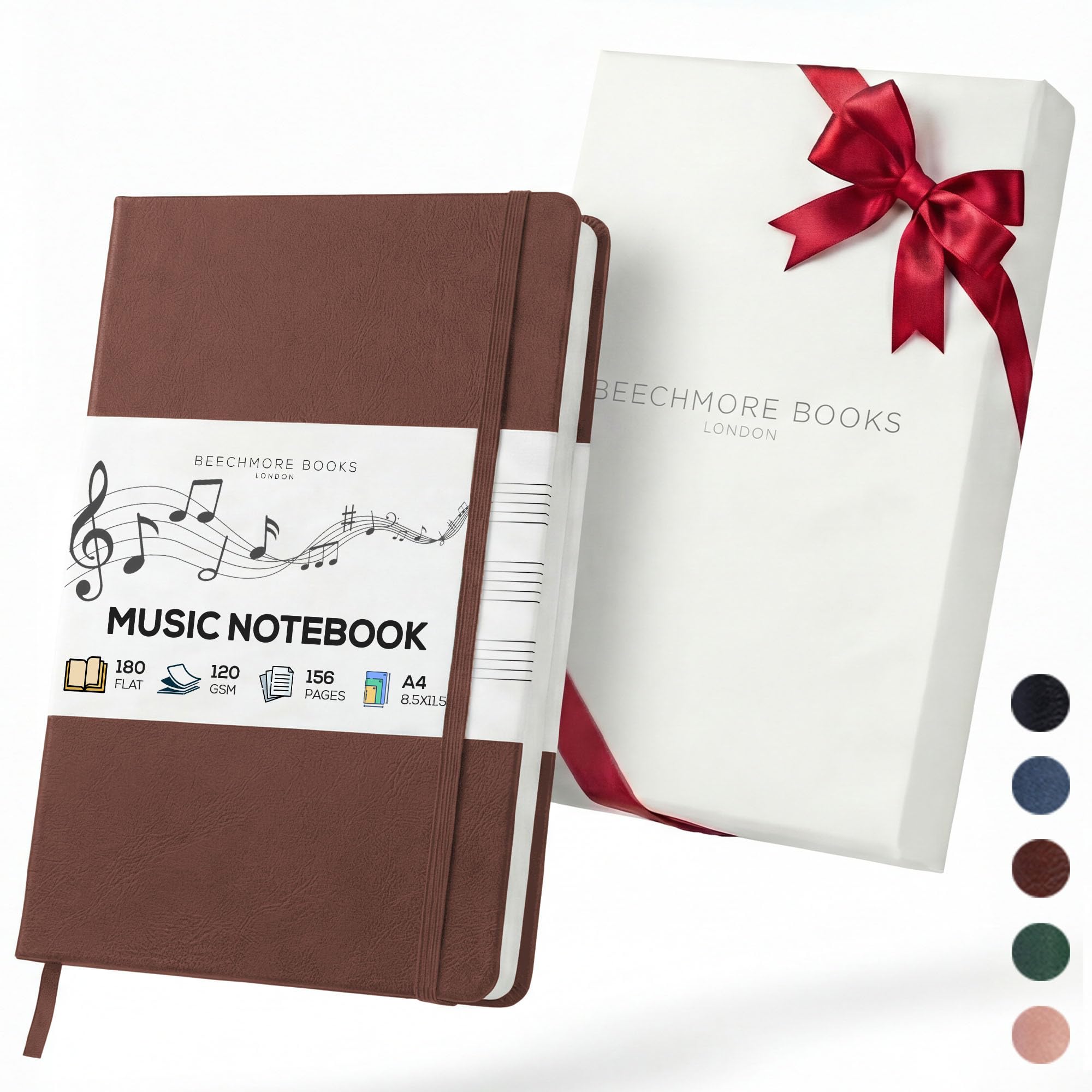 Beechmore Books Blank Sheet Music Notebook – A4 8.5x11.5 for Songwriters, Musicians & Composers, 156 Thick 120gsm Pages, 10-Staff Perforated Sheets, Vegan Leather Hardcover, Elastic Closure, Gift Box — image 1