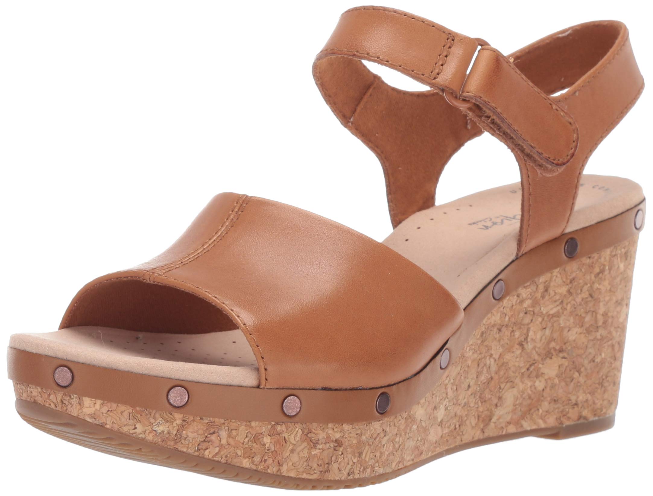 Clarks Women's Annadel Clover Wedge Sandal, tan Leather, 120 M US