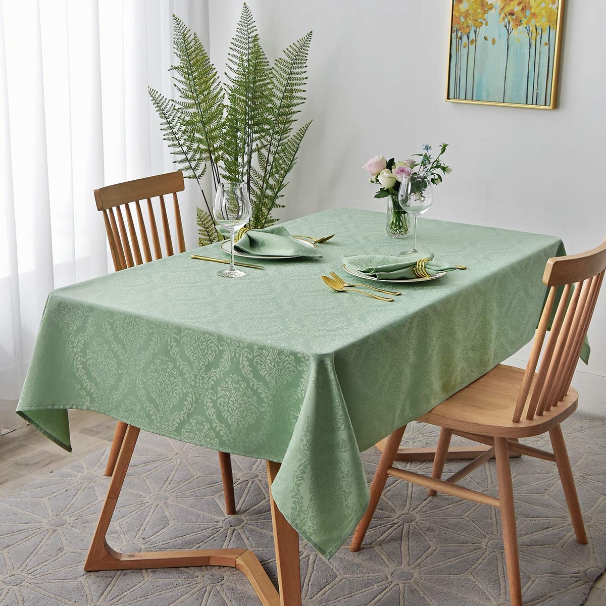 maxmill Jacquard Table Cloth Damask Pattern Spillproof Wrinkle Resistant Heavy Weight Soft Tablecloth for Kitchen Dinning Tabletop Outdoor Picnic Rectangle 52 x 70 Inch Sage Green
