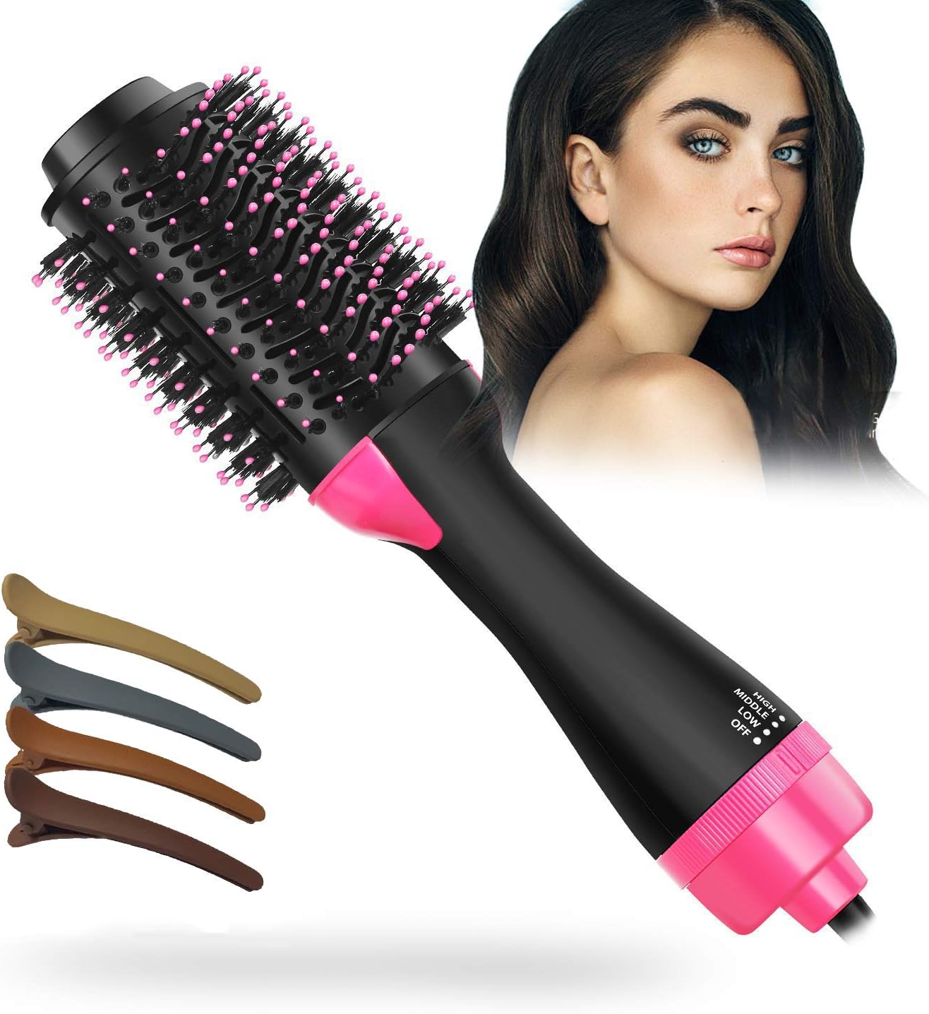 One-Step Hair Dryer & Volumizer,Hair Dryer Brush 3-in-1 Multi-functional Negative Ion Hair Straightener Curler Brush Reduce Frizz and Static  for All Hair Types, 4pcs Hair Clips