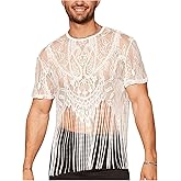 WDIRARA Men's Fringe Hem Shirts Floral Lace Mesh Scoop Neck Short Sleeve Tee Shirt See Through Party Outfits
