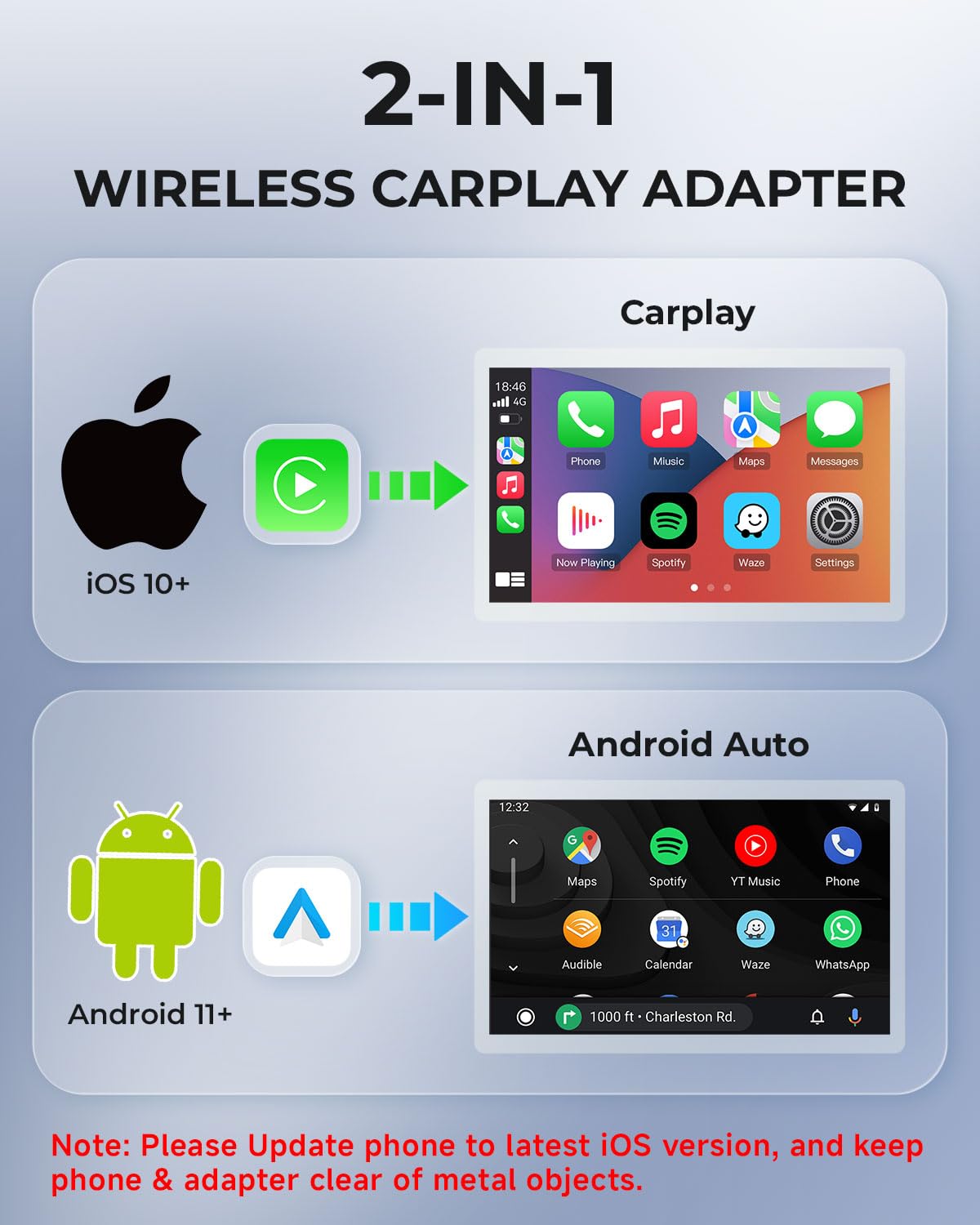 AuroraLink Wireless Carplay Adapter for Apple iPhone & Android Auto 2-in-1 Fast & Stable Carplay Wireless Adapter Convert Wired to Wireless Car Play Dongle for iOS 10+/Android 11+ (Grey)