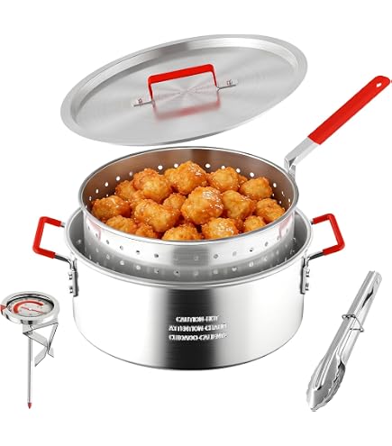 10QT Fish Fryer Pot with Basket, Lid & Tongs, Alumuinum Frying Pot