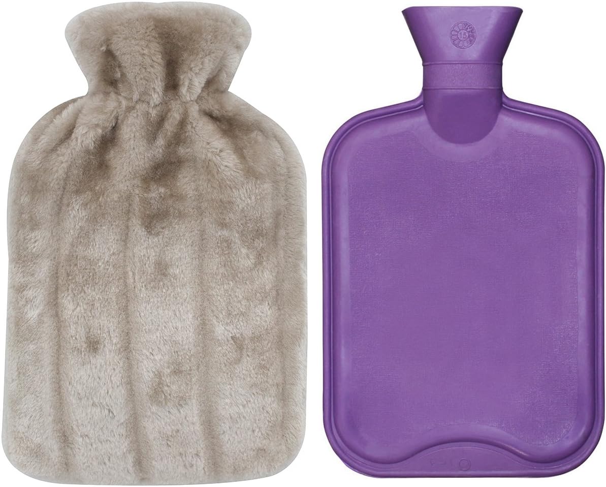 HomeTop Premium Classic Rubber Hot Water Bottle and Luxurious Faux Fur Plush Fleece Cover w/Pom Pom Decor (Beige): Health & Personal Care