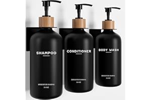 Black Shampoo and Conditioner Dispenser Set Wall Mounted by Brighter Barns - Shampoo Dispenser for Shower Wall 3 Chamber No Drill - Shower Bottles Refillable with Labels for Bathroom, Airbnb (Black)