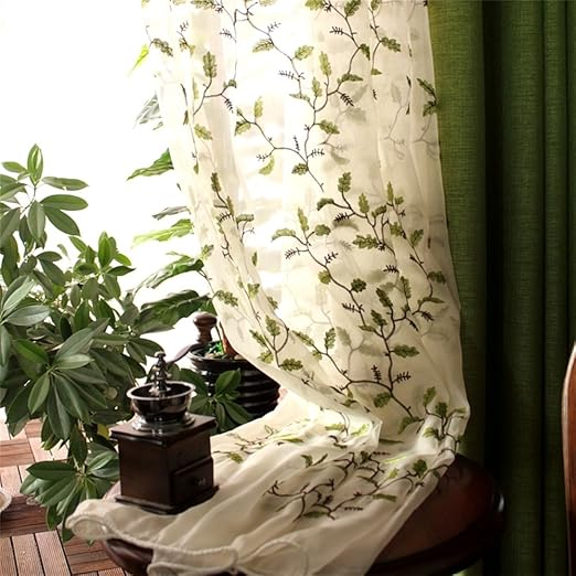 FADFAY Floral Embroidered Semi Sheer Curtains Botanical