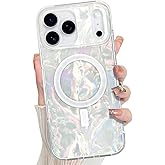 Jefonha Magnetic for iPhone 17 Pro Case Mother of Pearl Abalone Shell Phone Case for Women Girls, Compatible with Magsafe, Cute Sparke Gossy Shockproof Protective Cover, Pearl White