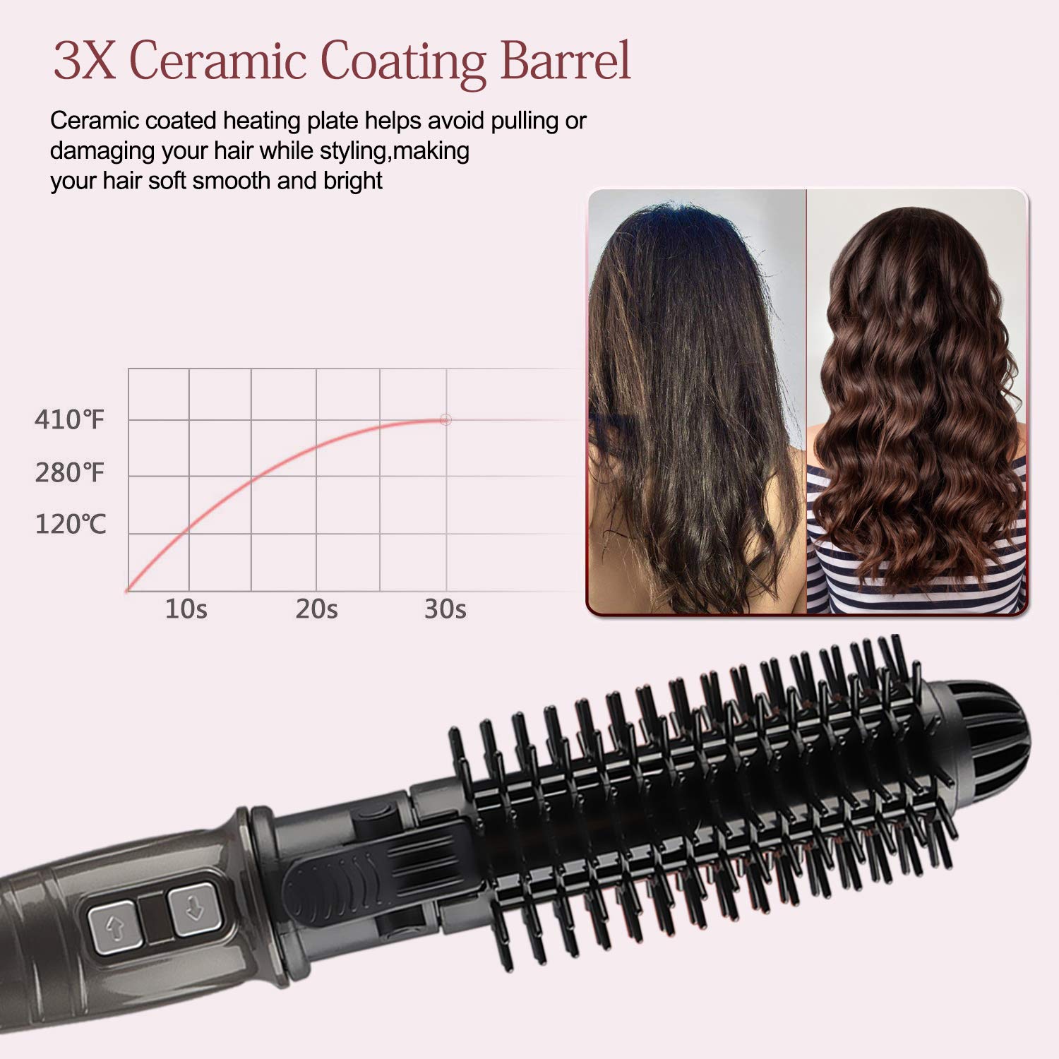 HISOON Professional Curling Iron Brush, 1.25 inch Automatic Curling Iron 2 in 1 Dual Voltage Ceramic Tourmaline Hair Curler Hot Brush, Anti-Scald Instant Heat Up Curling Wands Black