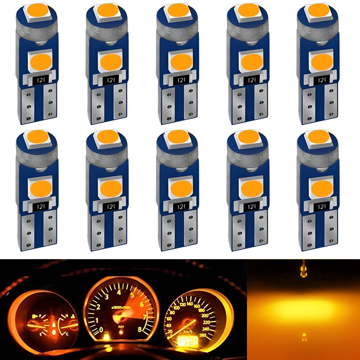 Photo 1 of AUXLIGHT Amber Yellow T5 37 74 2721 PC74 PC37 LED Bulb, 3030 Chips Super Bright 12 Volt Replacements, Interior Dome Map Dashboard Indicator Instrument Panel Gauge Cluster Lamp Lights (Pack of 10)
