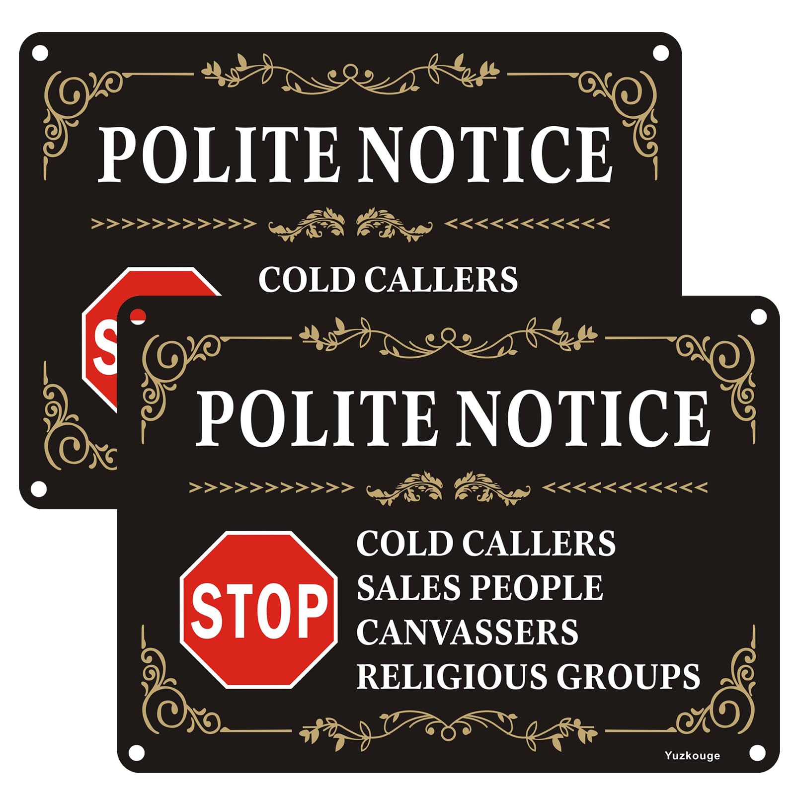 Yuzkouge No Cold Callers Sales Religious Groups Front Door Stop Sign - 2 Pack, 25 x 18 cm Rust Free Aluminum Polite NoticeSign, Weatherproof, Fade Resistant, Easy Mounting.