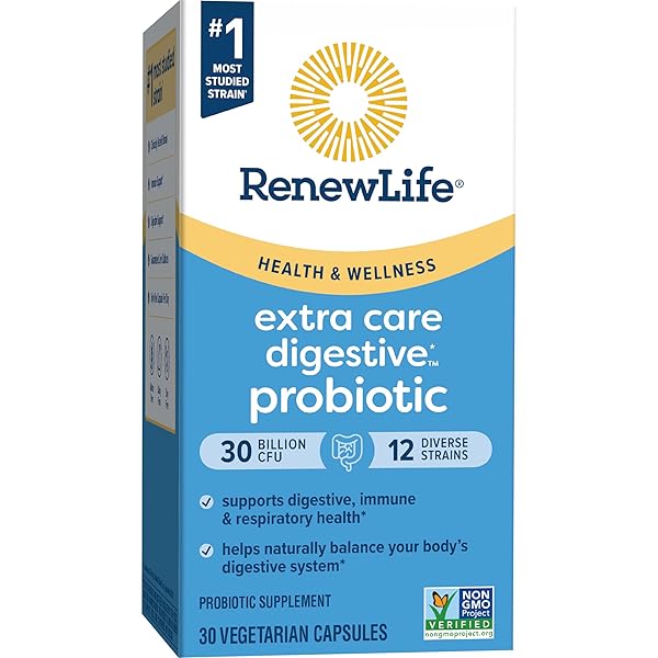 RENEW LIFE EXTRA CARE PROBIOTIC CAPSULES, DAILY SUPPLEMENT SUPPORTS IMMUNE, DIGESTIVE AND RESPIRATORY HEALTH, L. RHAMNOSUS GG, DAIRY, SOY AND GLUTEN-FREE, 30 BILLION CFU, 30 COUNT