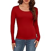 AUHEGN Long Sleeve Shirts for Women Scoop Neck Lightweight Stretchy Fitted Ribbed Basic Layer Tops Blouse