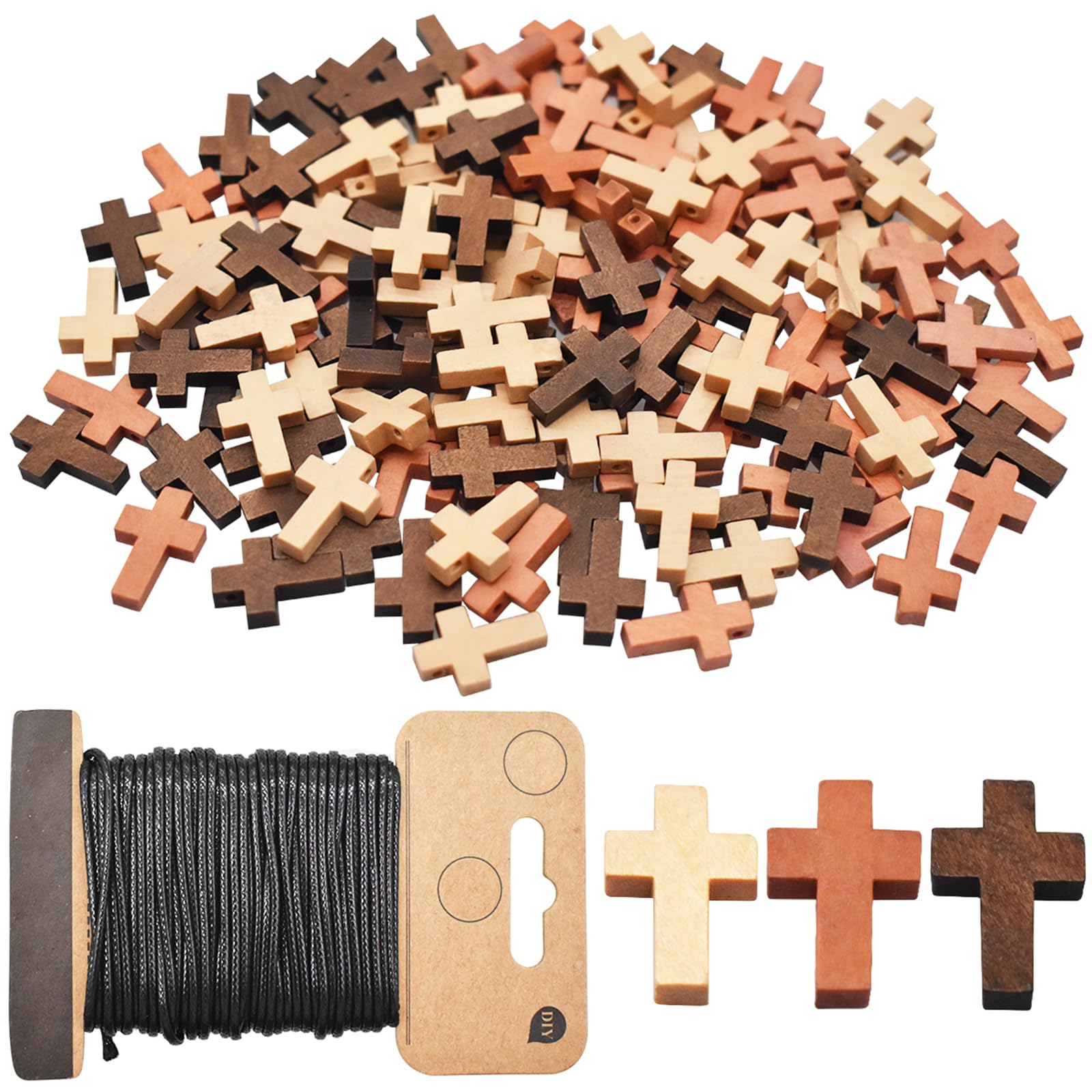 Saijer Wood Cross Pendants,150 PCS Natural Wood Cross with 1 Roll 20M Waxed Polyester Cord 3 Color Blessing Cross Charm Spacer Beads Mini Cross Beads for Party Sunday School DIY Craft Jewelry Making
