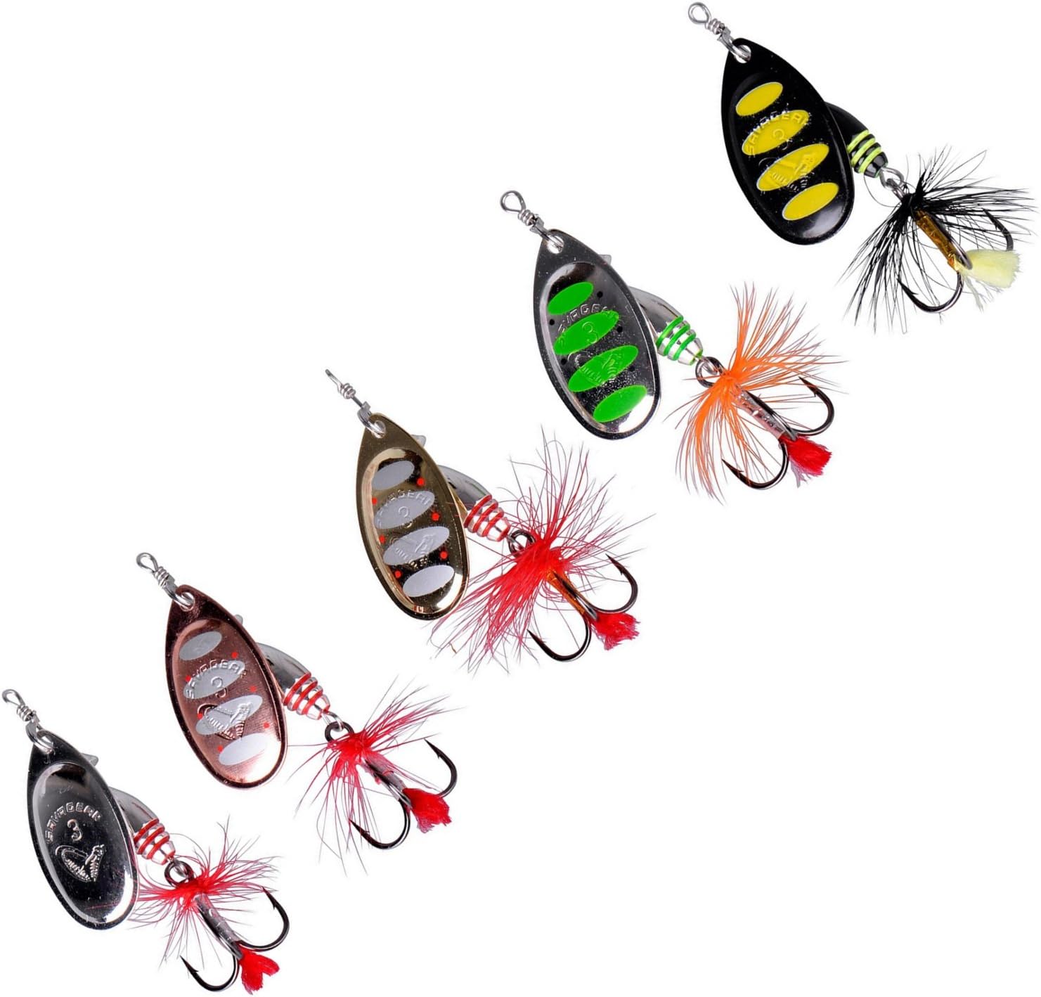 Fishing Spinners Set of 5, Best selections from Mepps, Savage Gear, Blue Fox - Best Lures for Bass, Trout, Salmon, Crappie and Musky Fishing