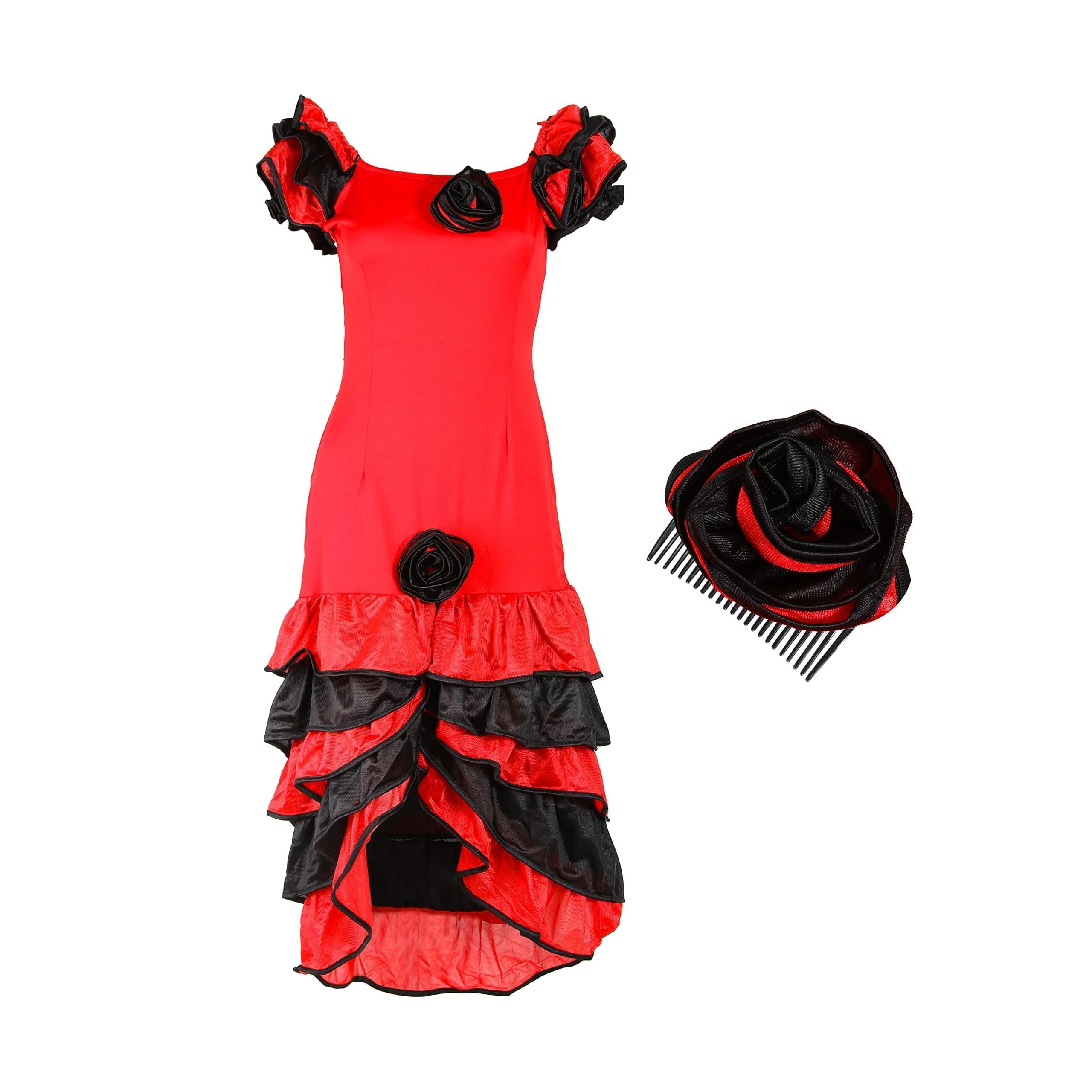 Ladies Rumba Dress - XX-Large - Womens Red and Black Ruffled Dress and Rose Hairpiece - Spanish Salsa Fancy Dress Costume