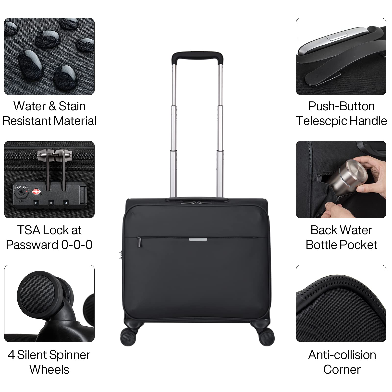Hanke 16 Inch Softside Airline Approved Carry On Luggage Suitcases with Wheels,Travel Luggage Lightweight Square Suitcase with Lock Rolling Luggage Bag with USB Port for Business Trip Men Women.