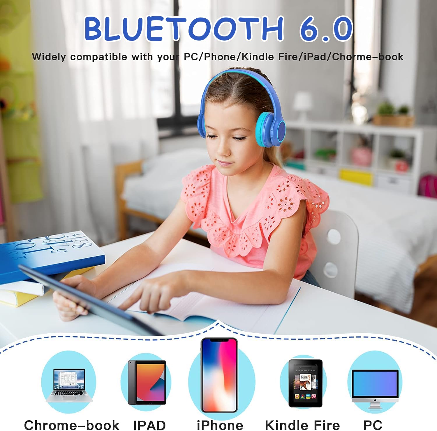 Candy Bila Kids Bluetooth 6.0 Headphones with LED Light, 85Hours Playtimes, Type-C Fast Charging, 85/94dB Volume Limited, Comfort Wireless Headphones with Built-in Mic, Wired & TF Card Mode, Blue