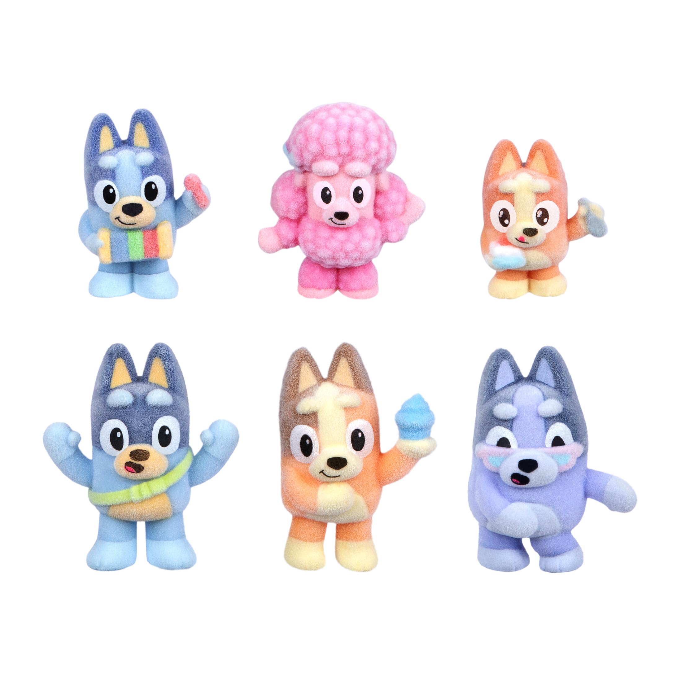 Bluey Fuzzies Deluxe Figure Pack. with 6 Specially Flocked Collectible Mini-Figures. Incl. 2 Surprise Figures (Blind Pack), Trading Card, and Collector's Guide. 80 to Collect in Series 1!