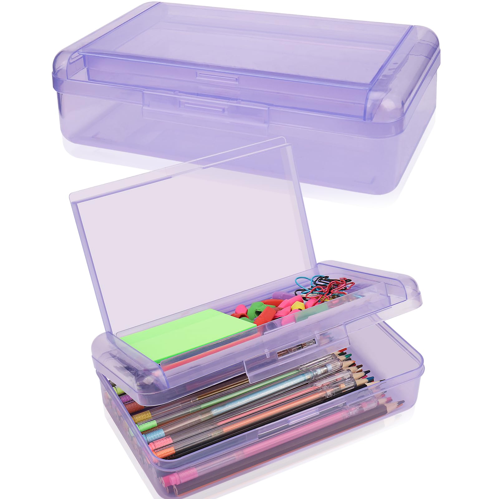 Photo 1 of 1 PCS Pencil Box,Double Layer Large Capacity Pencil Box,Hard Pen Case with Snap-tight Lid, Plastic Pencils Case for Office School Supplies Pen Boxes,Storage Organizer for Gel Pens Erasers-Purple
