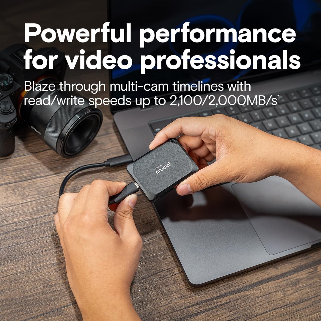 Crucial X10 Pro 2TB Portable SSD, Up to 2100MB/s Read, 2000MB/s Write, USB 3.2 USB-C, External Solid State Drive, Durable Storage for PC & Mac, for Professional Creators, Black - ‎CT2000X10PROSSD902