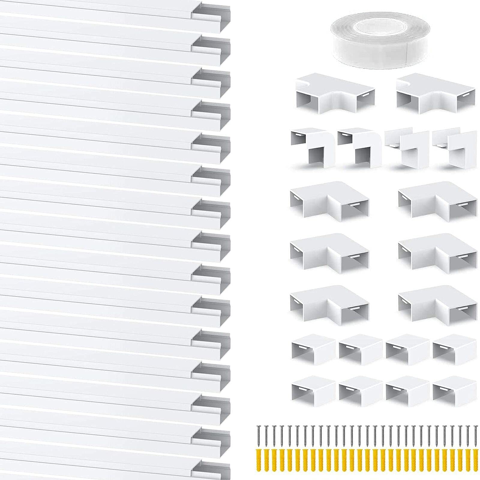 Cable Trunking White 6m Kit – 15 x 40cm Self Adhesive Wire Hider with Connectors – Paintable PVC Cable Management Raceway for Wall TV Home Office