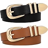 WERFORU 2 Pack Women Leather Belt Fashion Leather Waist Belt for Pants Jean Ladies Western Belt with Gold/Silver Buckle-