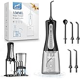 GOLDANT 2026 New 350ML Water Flosser with Drainage & Storage Stand, Keeps Dry & Clean, 5 Modes, 360°Nozzle, Cordless Rechargeable, IPX7 Waterproof, Portable for Home & Travel (Black)