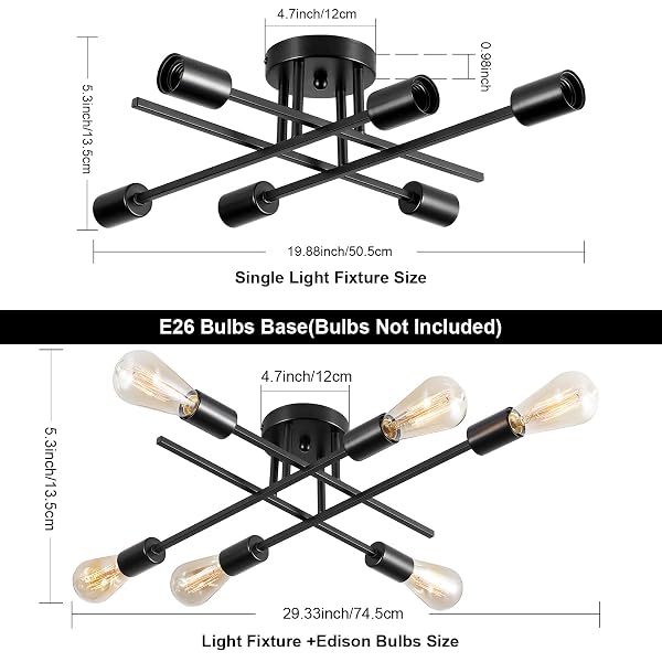 BRKNIT SPUTNIK CHANDELIERS, MODERN SEMI FLUSH MOUNT CEILING LIGHT WITH E26 BASE, MID CENTURY INDUSTRIAL KITCHEN FARMHOUSE LIGHT FIXTURES FOR BEDROOM LIVING ROOM (BLACK, CEILING 6 LIGHTS (LENGTHEN))