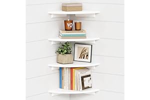 Forbena Corner White Floating Book Shelves for Wall Set of 4, Wood Nursery Corner Bookshelf for Kids Bedroom, Large Modern Round Wall Bookshelves for Living Room Decor, Indoor Plants, Bathroom