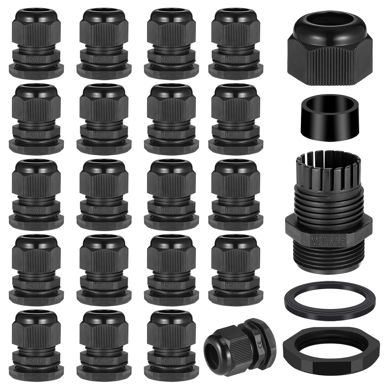 Zocipro 20Pcs M20 Cable Glands 20mm, IP68 Waterproof Nylon Cable Gland Suitable for 6mm-12mm Cables, Black Cable Grommet Cable Entry for Outdoor, Garden, Switch Box Junction Box