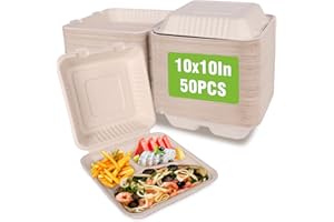 Pony Packaging Compostable Clamshell To Go Food Containers with Lids 10"x10"x3" 50 Pack Natural Fiber Biodegradable Containers Disposable Take Out Food Containers, 3 Compartment