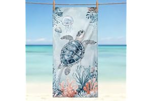 Turtle & Jellyfish Pattern Beach Towel, Ocean Themed Pool Towels Oversized, Sandproof Absorbent Quick Dry Towels Cloud for Tr
