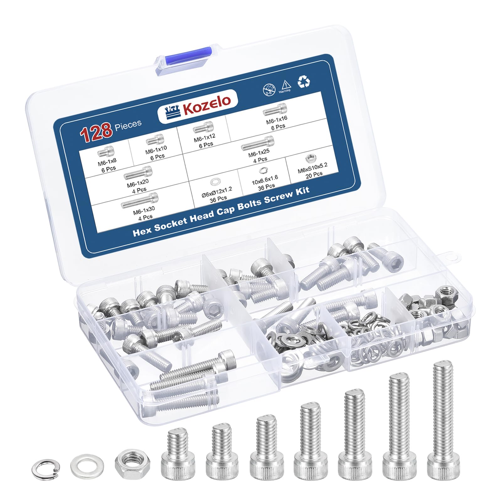 Kozelo 128pcs M6 Socket Head Cap Screws Bolts Nuts Assortment Kit - [M6x8/10/12/16/20/25/30mm] 304 Stainless Steel Allen Socket Drive for 3D Printer